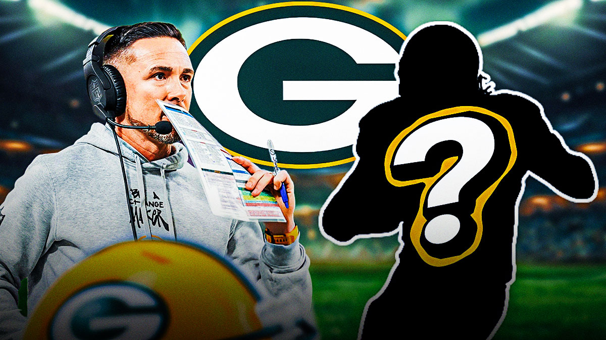 Green Bay Packers head coach Matt LaFleur next to a silhouette of an American football player with a big question mark emoji inside. There is also a logo for the Green Bay Packers.