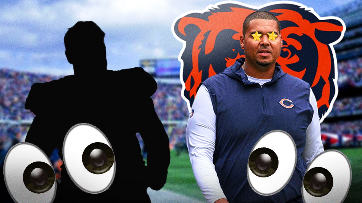 Bears GM Ryan Poles with Bears logo behind him and star eyes looking at a SILHOUETTE of Falcons star center Drew Dalman ahead of free agency. Multiple 👀 in background. Background is Soldier Field.
