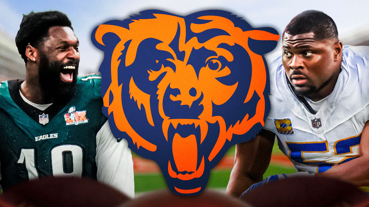 Bears logo in the middle with Eagles' Josh Sweat on one side and Chargers' Khalil Mack on the other