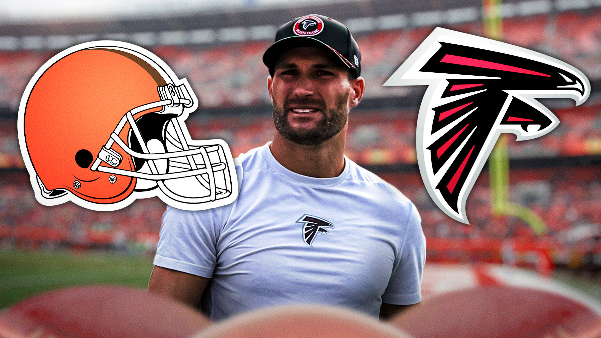 Kirk Cousins in the middle with the Cleveland Browns and Atlanta Falcons logo on either side in front of Huntington Bank Field.