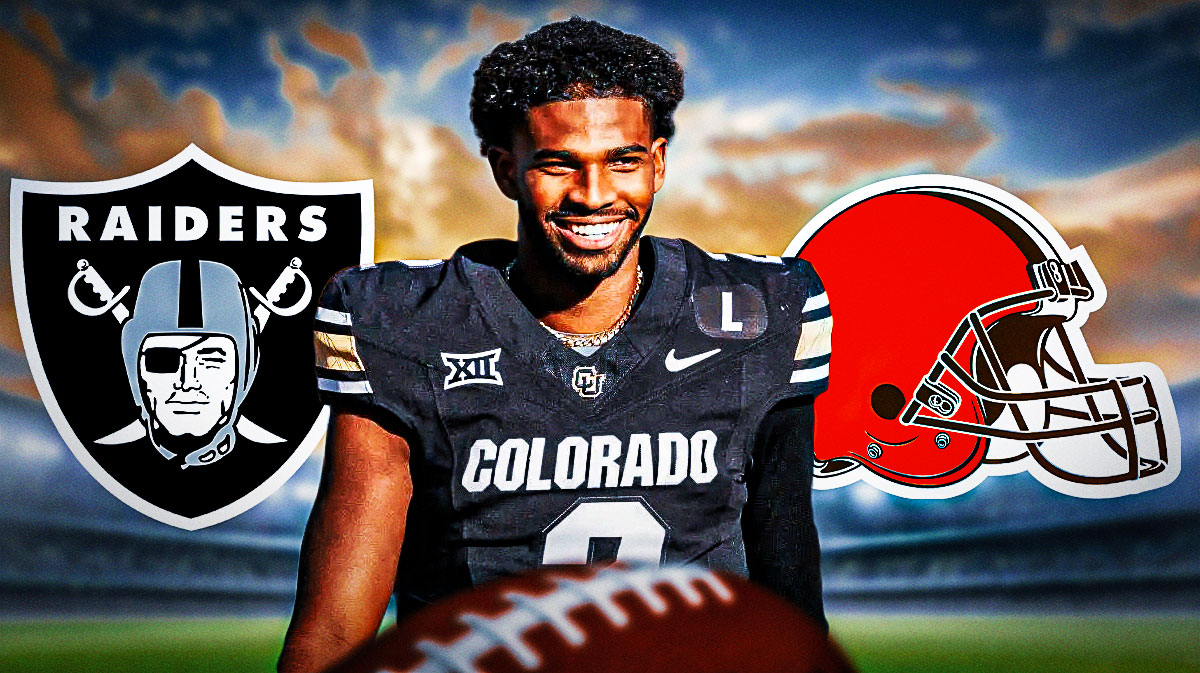 Shedeur Sanders in the middle, the Cleveland Browns logo on one side, the Las Vegas Raiders logo on the other side