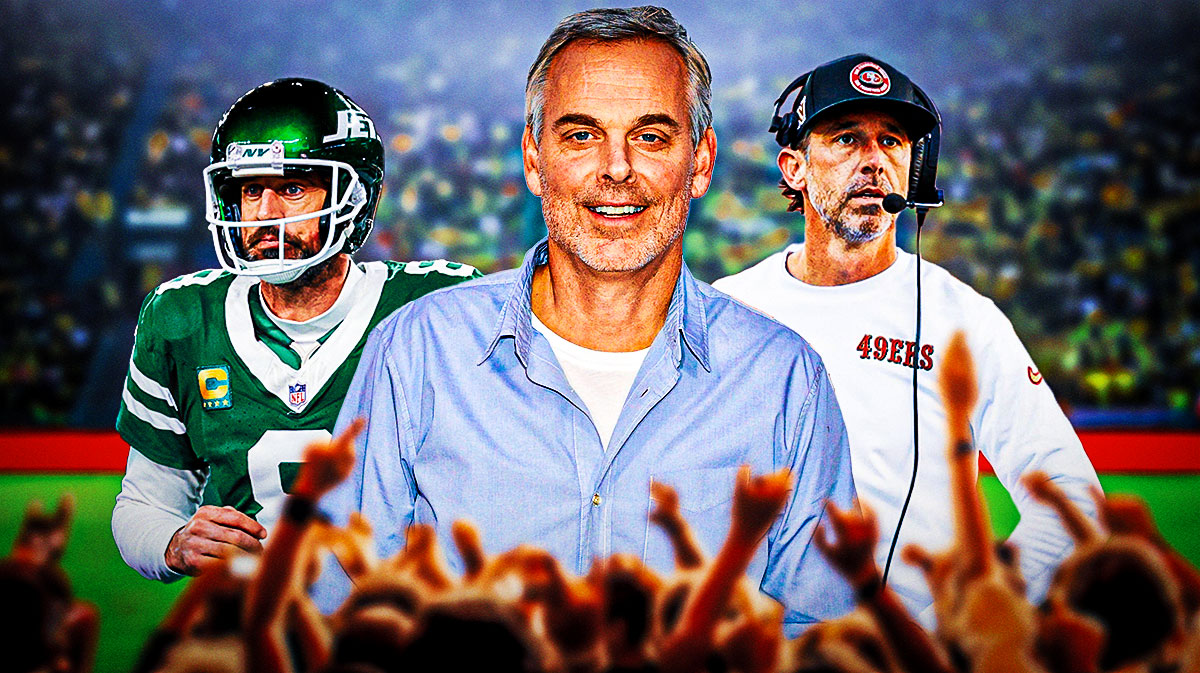 Radio host Colin Cowherd (center) with Jets Aaron Rodgers (left) and 49ers Kyle Shanahan (right)