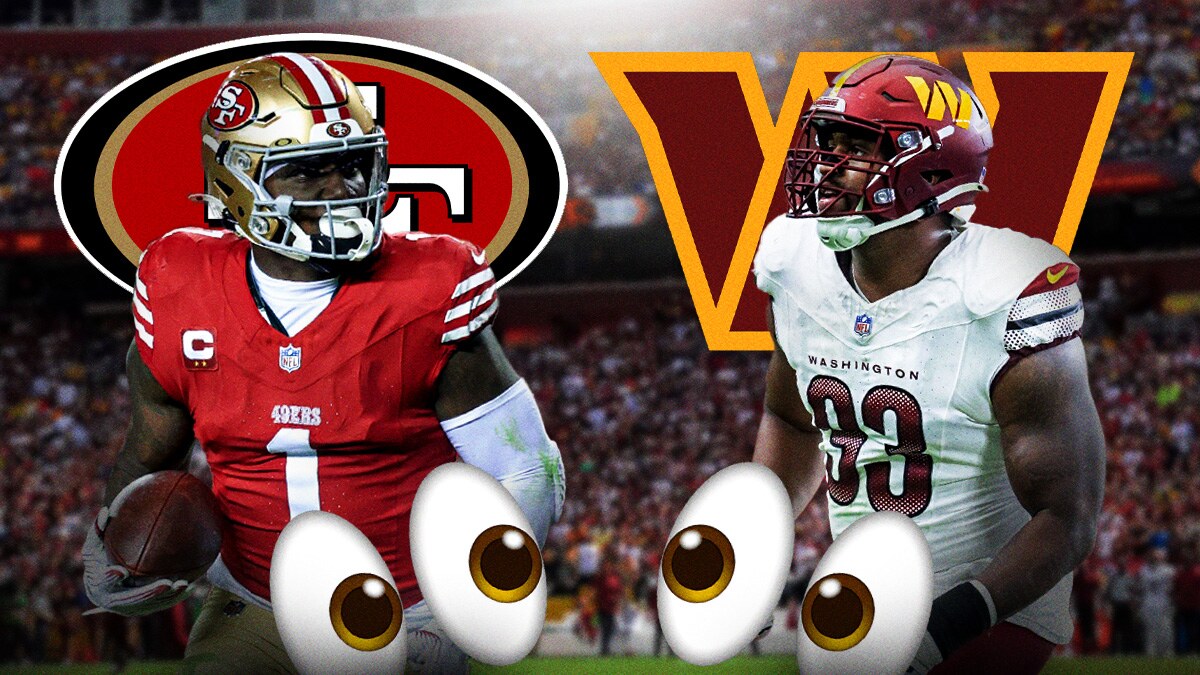Deebo Samuel, Jonathan Allen, Washington Commanders and San Francisco 49ers logos, eyes symbols