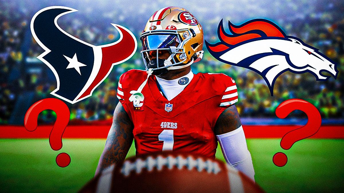 Deebo Samuel in a 49ers uniform with a Denver Broncos logo and a Houston Texans logo surrounded by question marks as commanders could be trade partner.