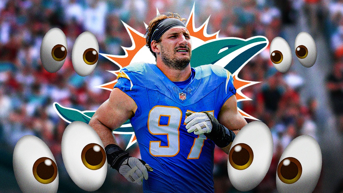 Ex-Chargers EDGE Joey Bosa ahead of free agency with Dolphins logo behind him. Multiple 👀 emojis in background. Background is Hard Rock Stadium.