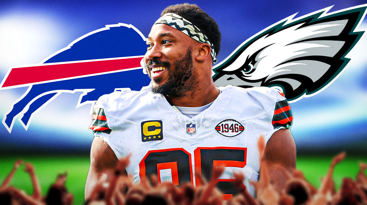 Myles Garrett in the middle, the Buffalo Bills logo on one side, the Philadelphia Eagles logo on the other side