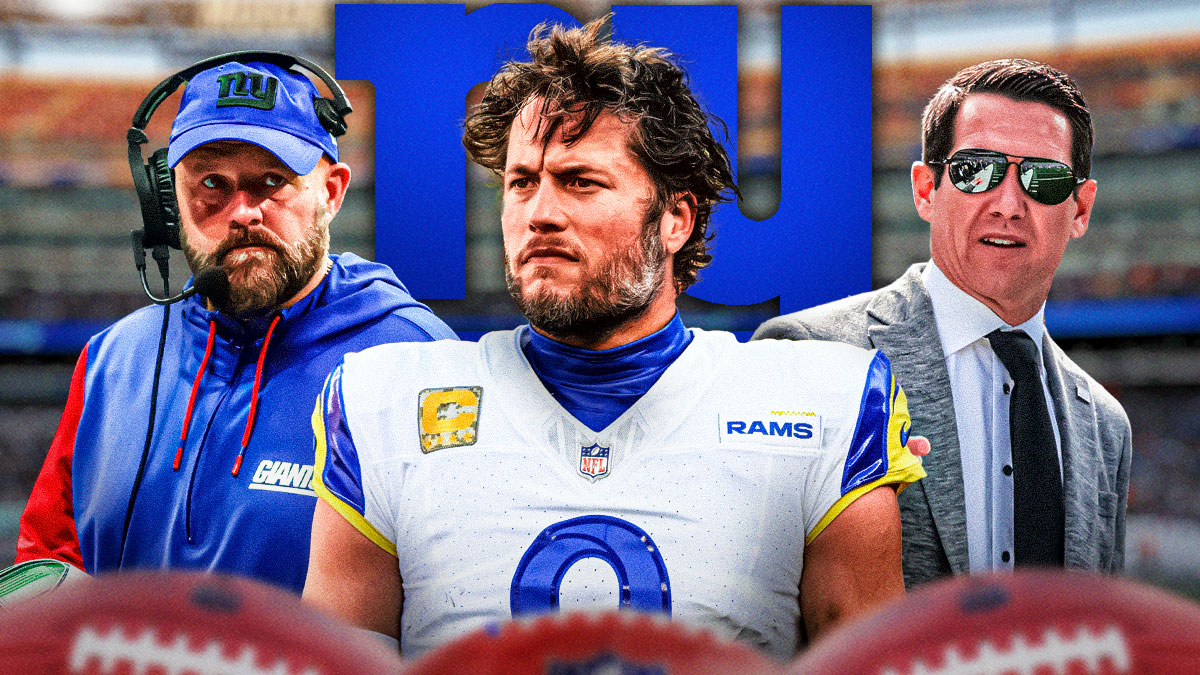 Los Angeles Rams QB Matthew Stafford with New York Giants head coach Brian Daboll and GM Joe Schoen. There is also a logo for the New York Giants.