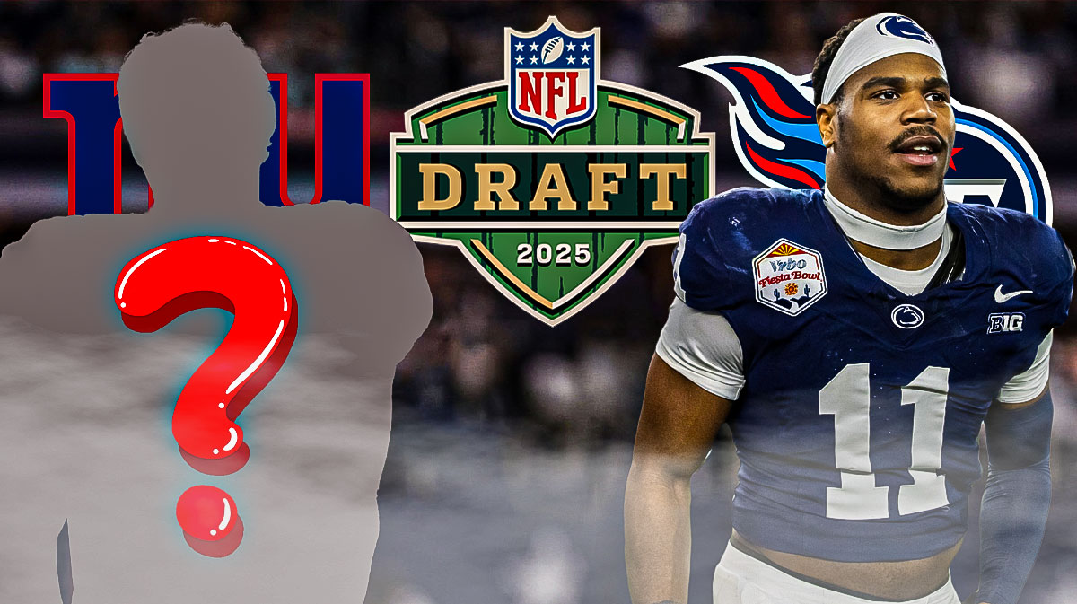 On the left side of the image is a silhouette of an American football player with a big question mark emoji inside. Next to it is a logo for the New York Giants. On the right side of the image is Penn State linebacker Abdul Carter next to a logo for the Tennessee Titans. There is also a logo for the 2025 NFL Draft.