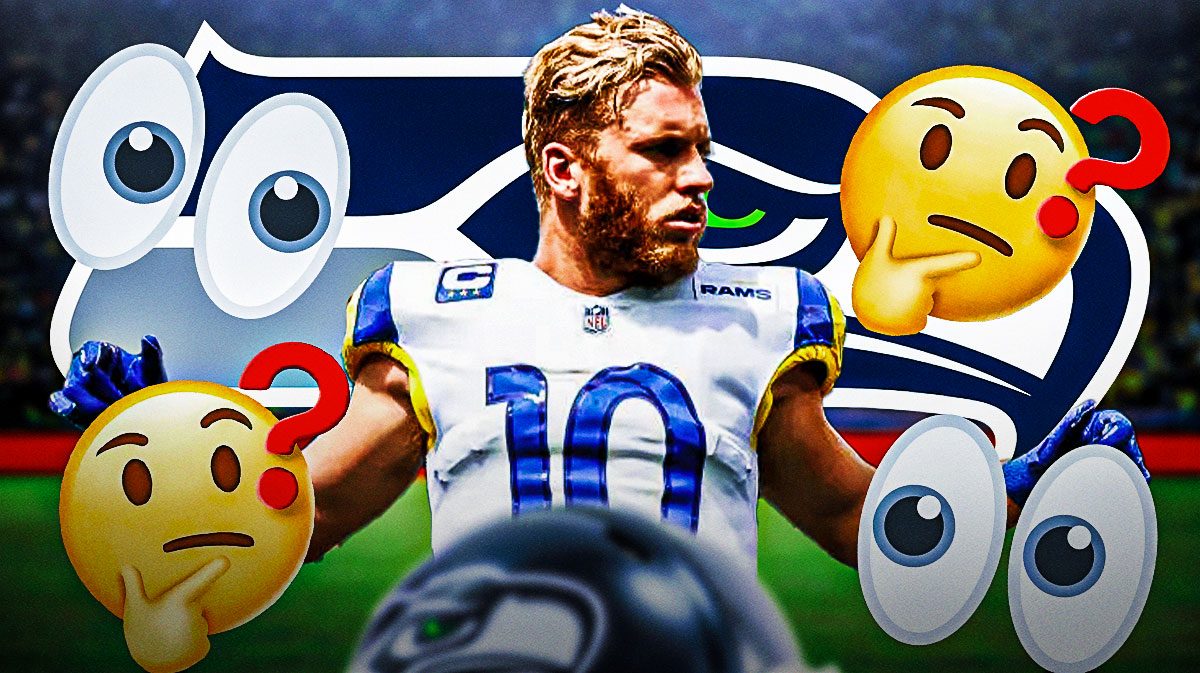 Seahawks logo behind WR Cooper Kupp with multiple 👀 and 🤔 emojis in background. Background is Lumen Field.