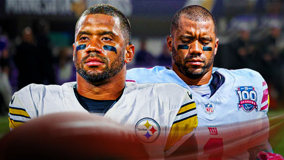 Russell Wilson in a Giants jersey and a Steelers jersey.