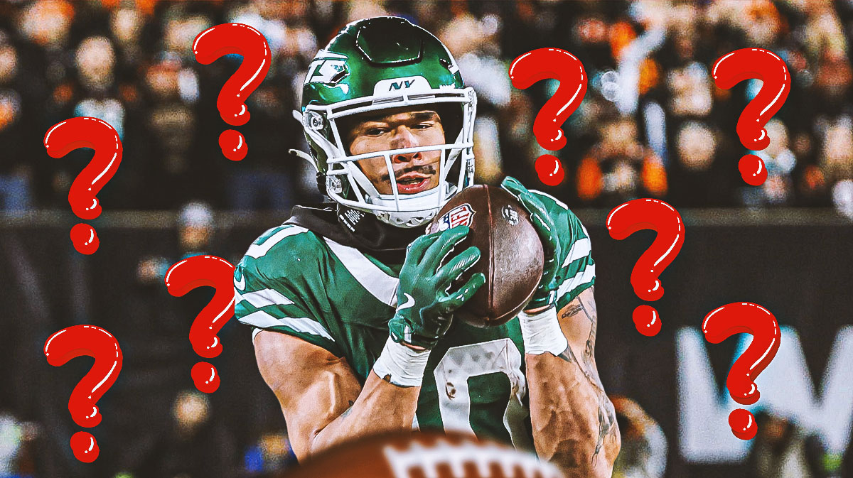 Allen Lazard in a Jets uniform with question marks around him