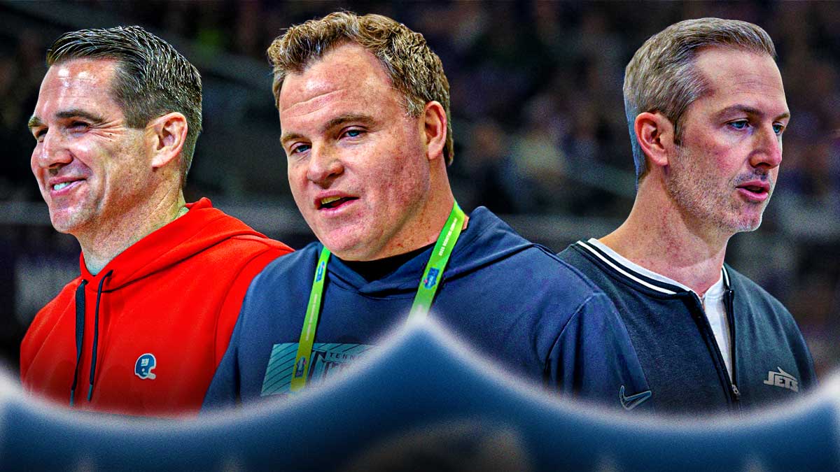 Titans GM Mike Borgonzi (center) with Jets GM Darren Mougey and Giants GM Joe Schoen at 2025 NFL Draft trade