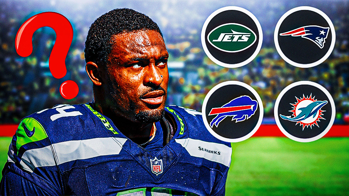 Seahawks WR DK Metcalf with AFC East team logos: Bills, Jets, Patriots, and Dolphins by his head. Multiple 🤔 and ❓ emojis in background. Background is Lumen Field.