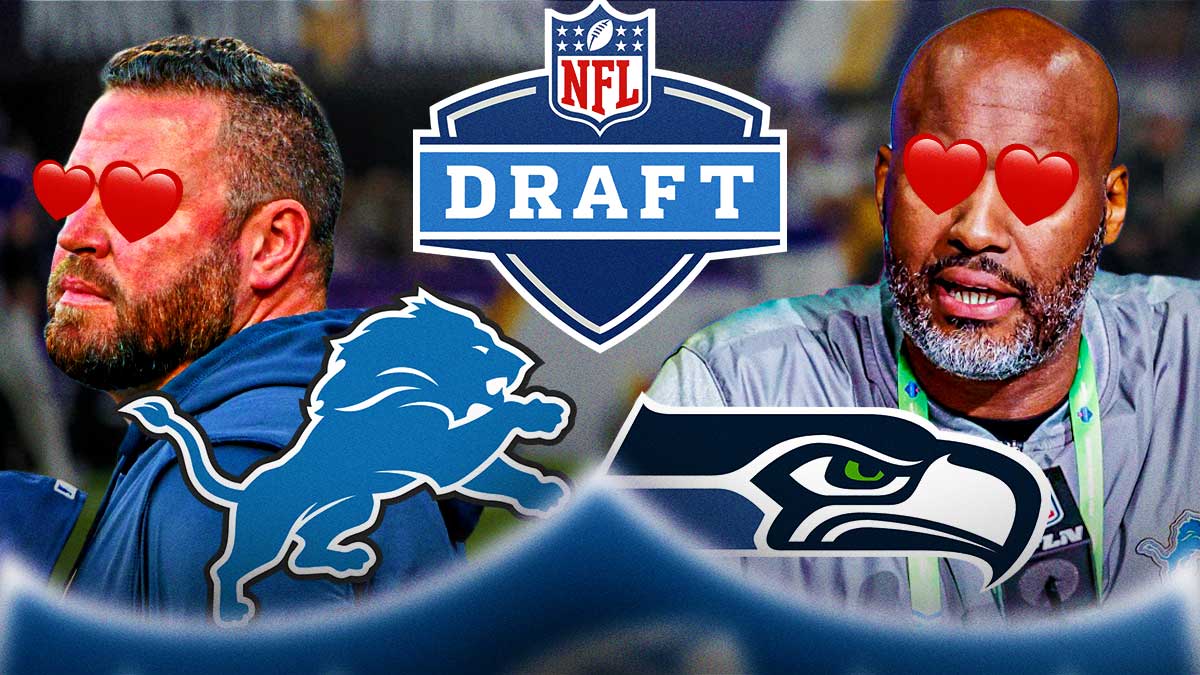 Detroit Lions GM Brad Holmes and Seattle Seahawks GM John Schneider with heart emojis over their eyes. There are also logos for the Detroit Lions, Seattle Seahawks, and the 2025 NFL Draft.