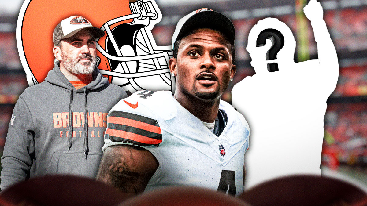 Cleveland Browns QB Deshaun Watson next to head coach Kevin Stefanski and a silhouette of an American football player with a big question mark emoji inside. There is also a logo for the Cleveland Browns.