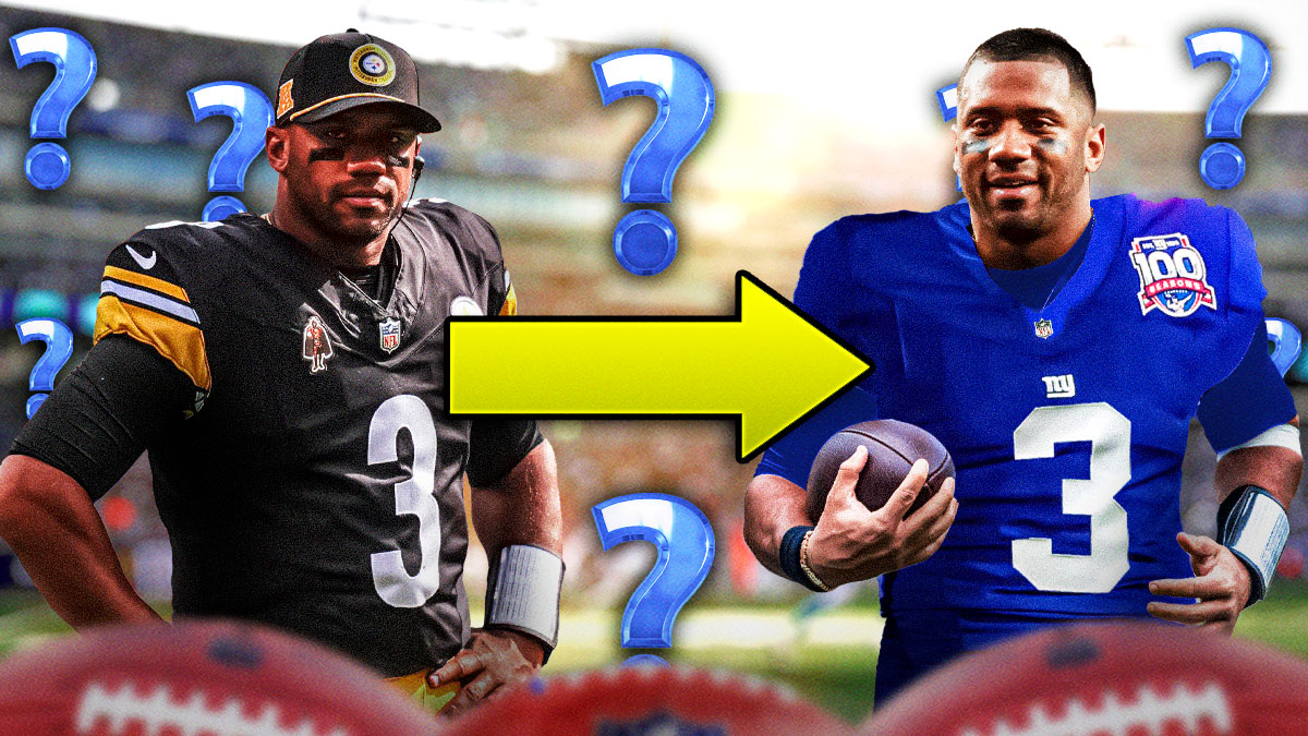Russell Wilson on one side in a Pittsburgh Steelers uniform with an arrow pointing to Russell Wilson on the other side in a New York Giants uniform, a bunch of question marks in the background