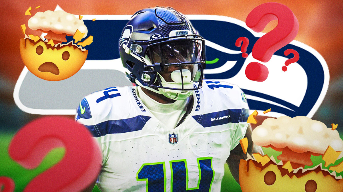 Seattle Seahawks WR DK Metcalf surrounded by question mark emojis and mind blown emojis (🤯). There is also a logo for the Seattle Seahawks.