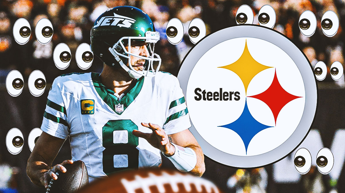 Aaron Rodgers on one side, the Pittsburgh Steelers logo on the other side, a bunch of the big eyes emojis in the background