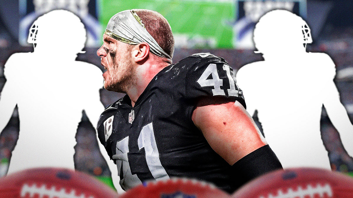 Robert Spillane in the middle, silhouettes of football defenders on both sides of him. Raiders free agency rumors
