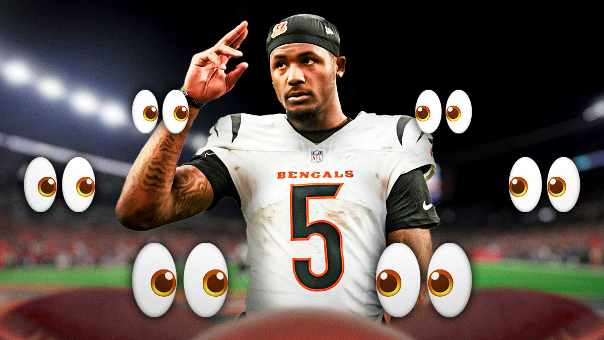 Tee Higgins in a Bengals jersey with eye emojis around the picture.