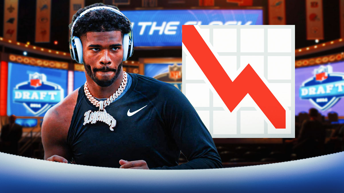 Shedeur Sanders with an NFL Draft background and a red graph line going down