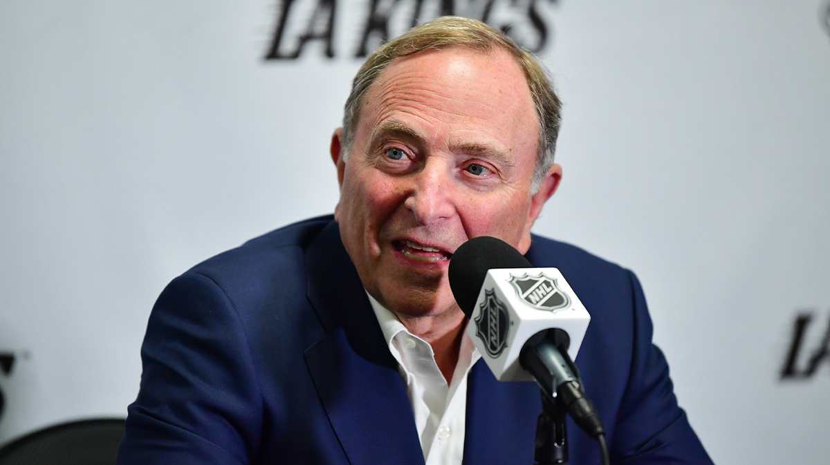 NHL commissioner Gary Bettman speaks during media availabilities before the Los Angeles Kings play against the Utah Hockey Club at Crypto.com Arena. 