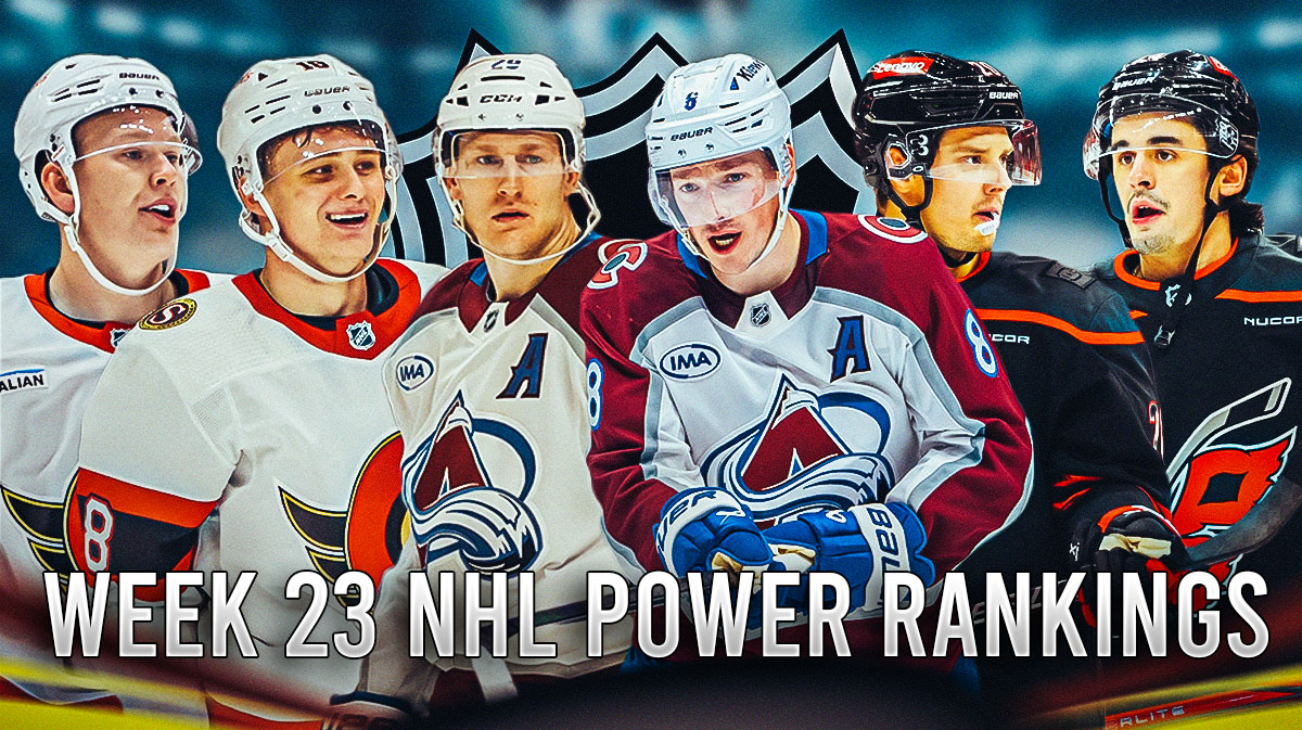 Brady Tkachuk and Tim Stutzle, Nathan MacKinnon and Cale Makar, Sebastian Aho and Seth Jarvis all in image, NHL logo in background, Text: Week 23 NHL Power Rankings