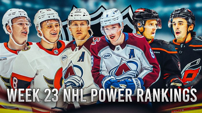 Brady Tkachuk and Tim Stutzle, Nathan MacKinnon and Cale Makar, Sebastian Aho and Seth Jarvis all in image, NHL logo in background, Text: Week 23 NHL Power Rankings