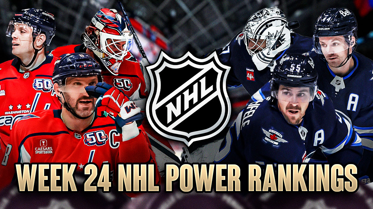 Alex Ovechkin, John Carlson and Logan Thompson on one side, Mark Scheifele, Josh Morrissey and Connor Hellebuyck on other side, NHL logo in background, Text: Week 24 NHL Power Rankings