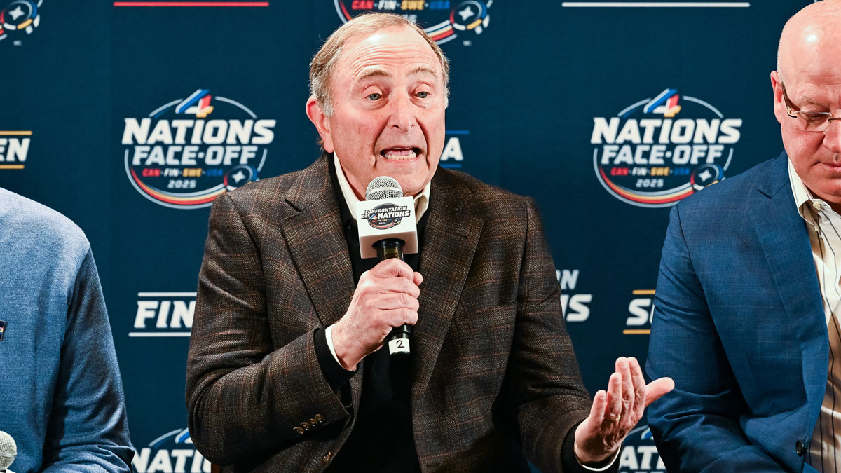 NHL commissioner Gary Bettman addresses the press before a 4 Nations Face-Off ice hockey game at Bell Centre