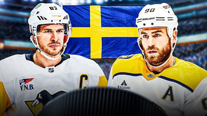 Sidney Crosby and Ryan O'Reilly with a Sweden flag in background