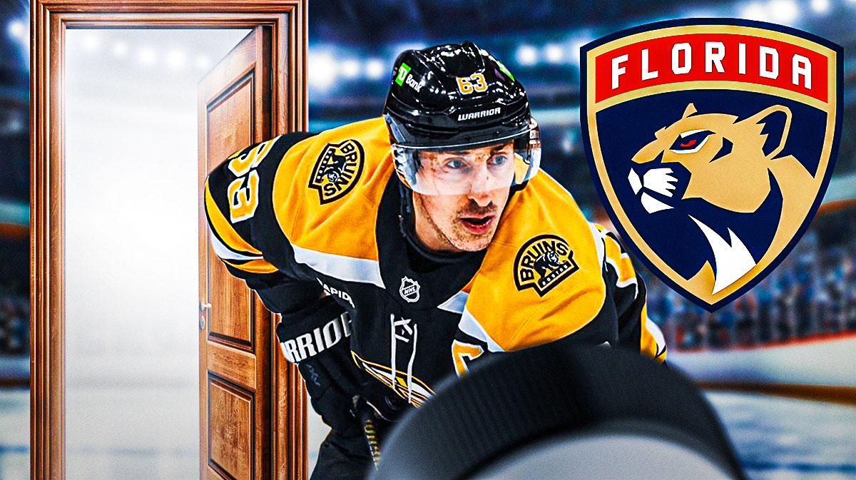 Photo: Brad Marchand in Bruins jersey in action, open door behind him, Florida Panthers logo beside him