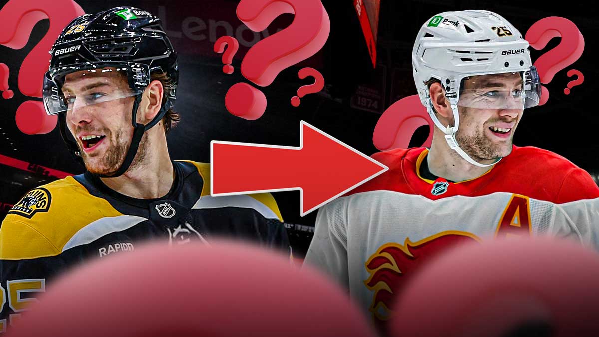 Brandon Carlo on one side in a Boston Bruins uniform with an arrow pointing to Brandon Carlo on the other side in a Calgary Flames uniform, a bunch of question marks in the background