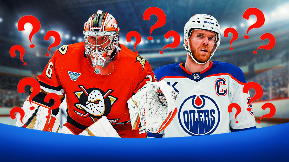 John Gibson on right. Connor McDavid on left. Question marks all around