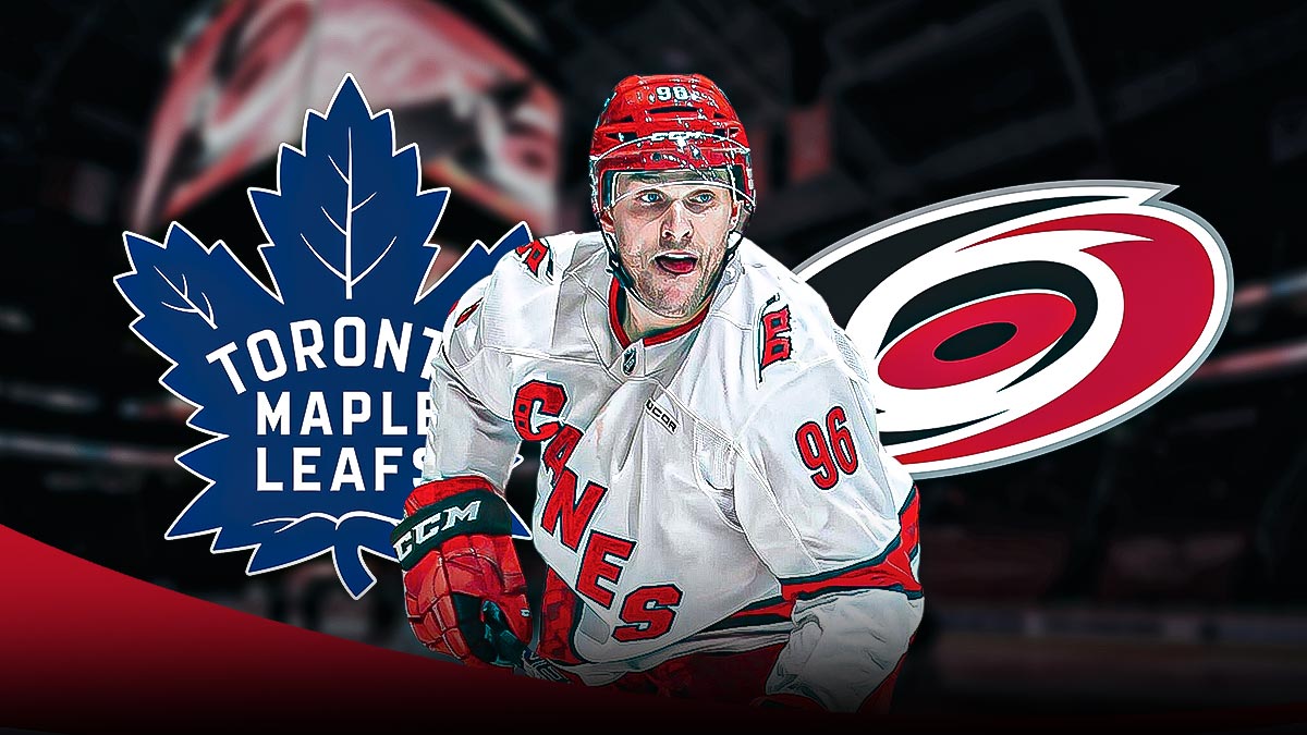 Hurricanes' Mikko Rantanen with Hurricanes logo on one side and Maple Leafs logo on the other