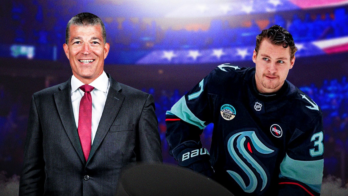 Lightning GM Julien BrisBois on the left, Kraken forward Yanni Gourde on the right