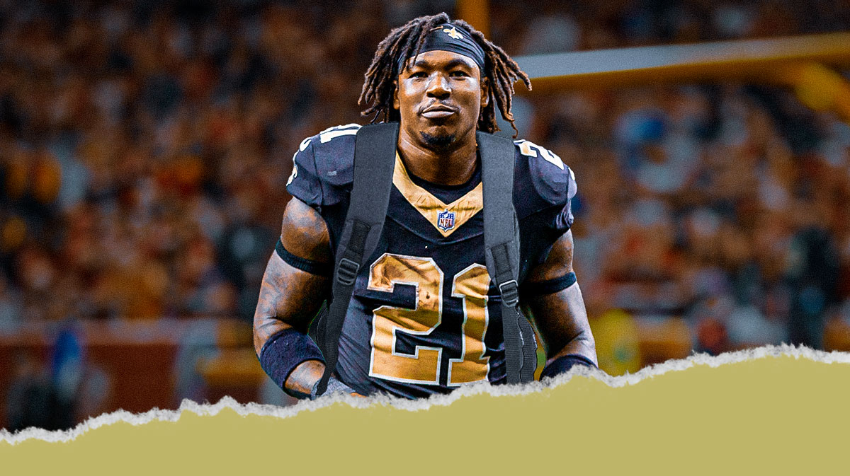 Jamaal Williams with a backpack on and his back turned towards the Saints stadium.