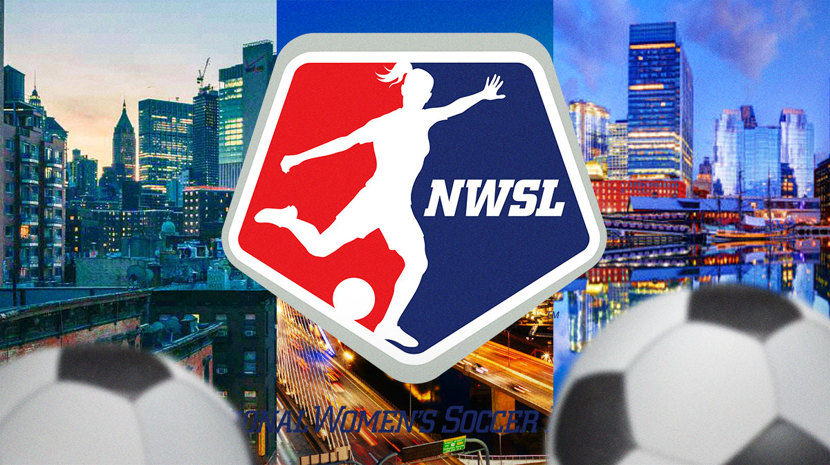The National Women's Soccer League (NWSL) logo, with a bunch of soccer balls (footballs) and the city of Boston, Massachusetts, United States as the background