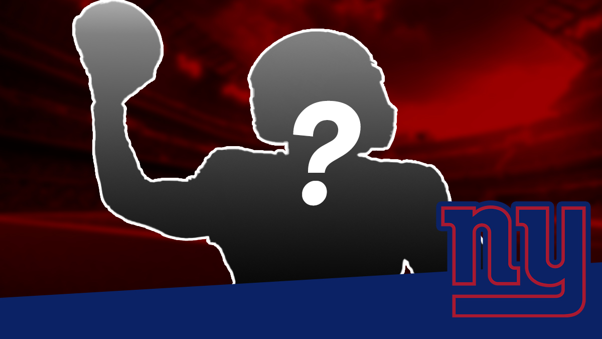 Jameis Winston throwing a football but he's entirely blacked out like a silouhette with question marks inside him. rest of the background can be the picture in full color with a blue line and NY Giants logo at the bottom