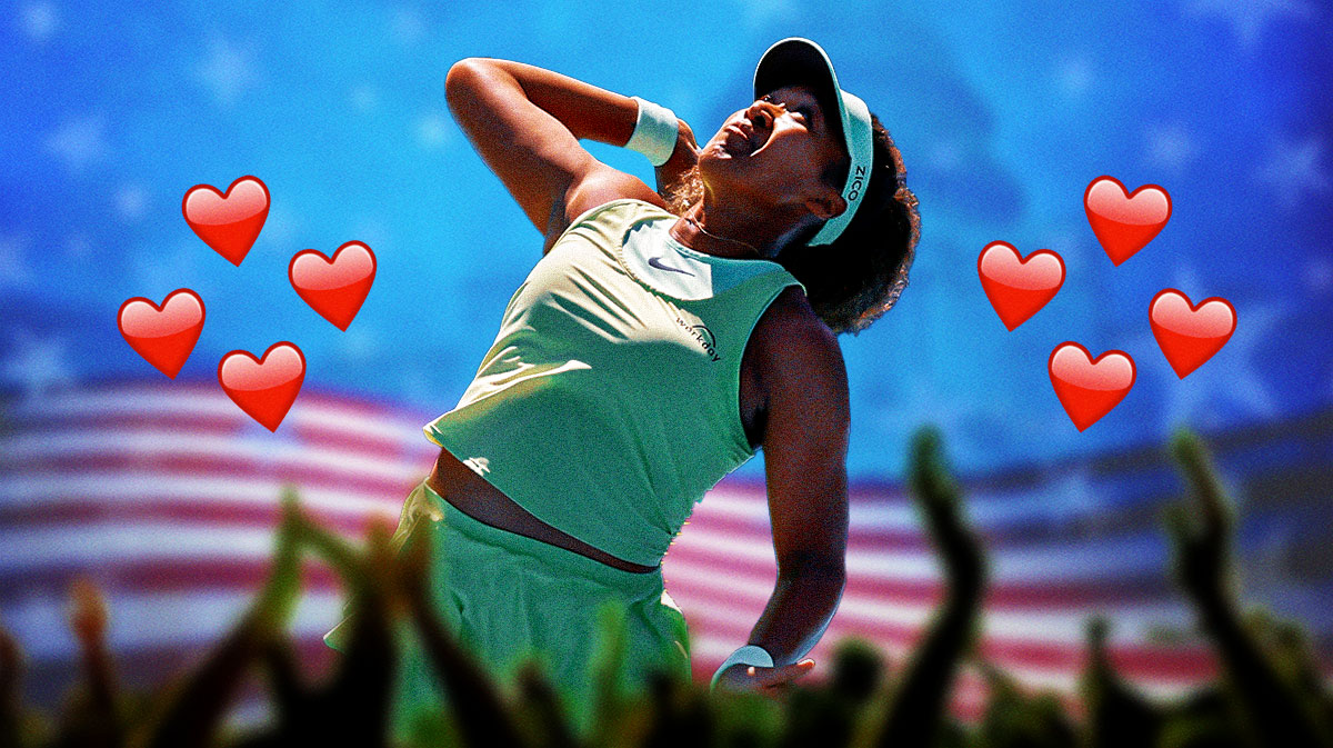Women's tennis player Naomi Osaka in front of an American flag with hearts