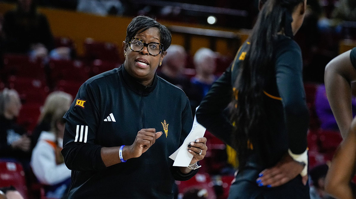 Arizona State head coach, Natasha Adair talks to her team during a game against Baylor at Desert Financial Arena on Jan. 11, 2025, in Tempe.