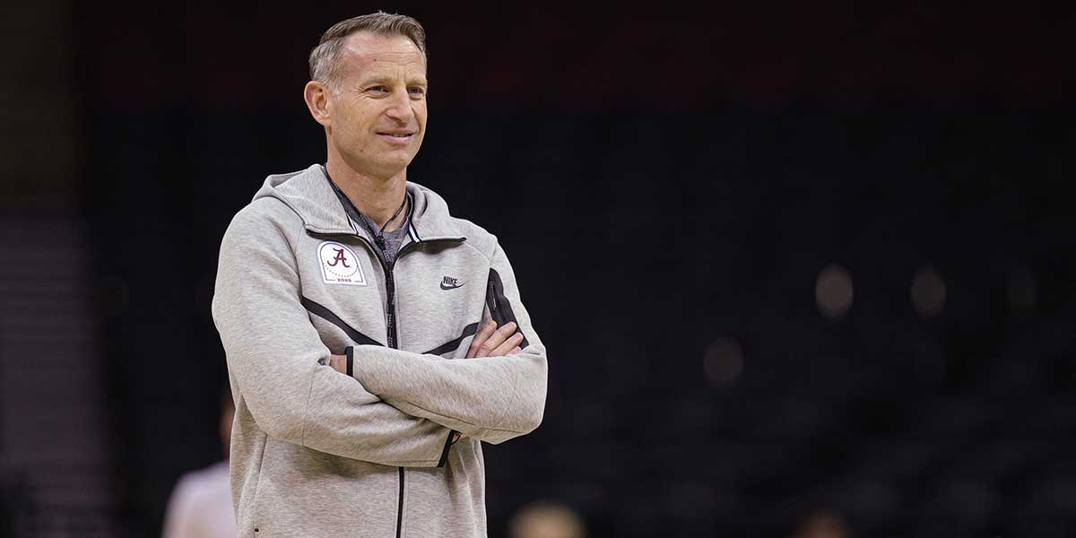 Alabama Crimson Tide head coach Nate Oats during a practice session in preparation for an East Regional semifinal game against the Brigham Young Cougars at Prudential Center. Mandatory Credit: Vincent Carchietta-Imagn Images