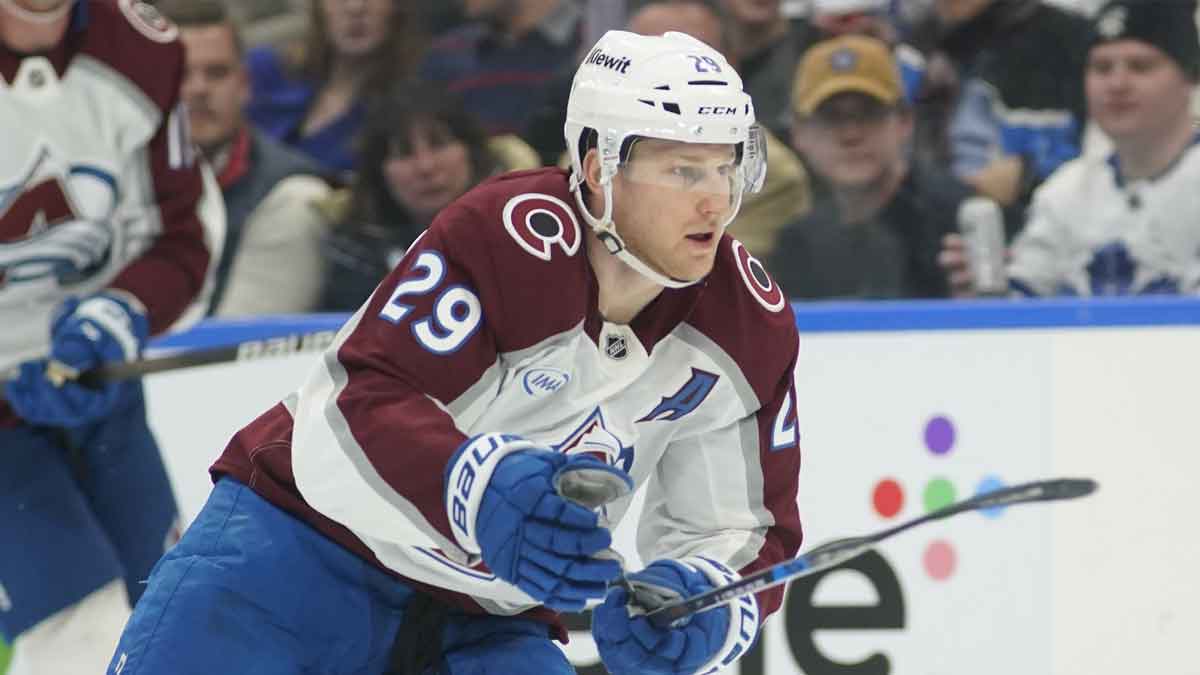 Colorado Avalanche forward Nathan MacKinnon (29) skates against the Toronto Maple Leafs during the second period at Scotiabank Arena.