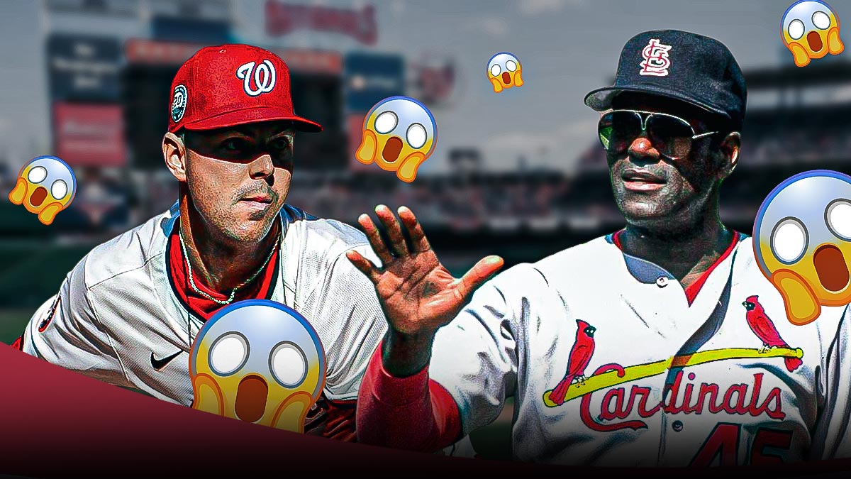 Nationals pitcher Mackenzie Gore next to Cardinals legend Bob Gibson with the 😱 emojis everywhere.