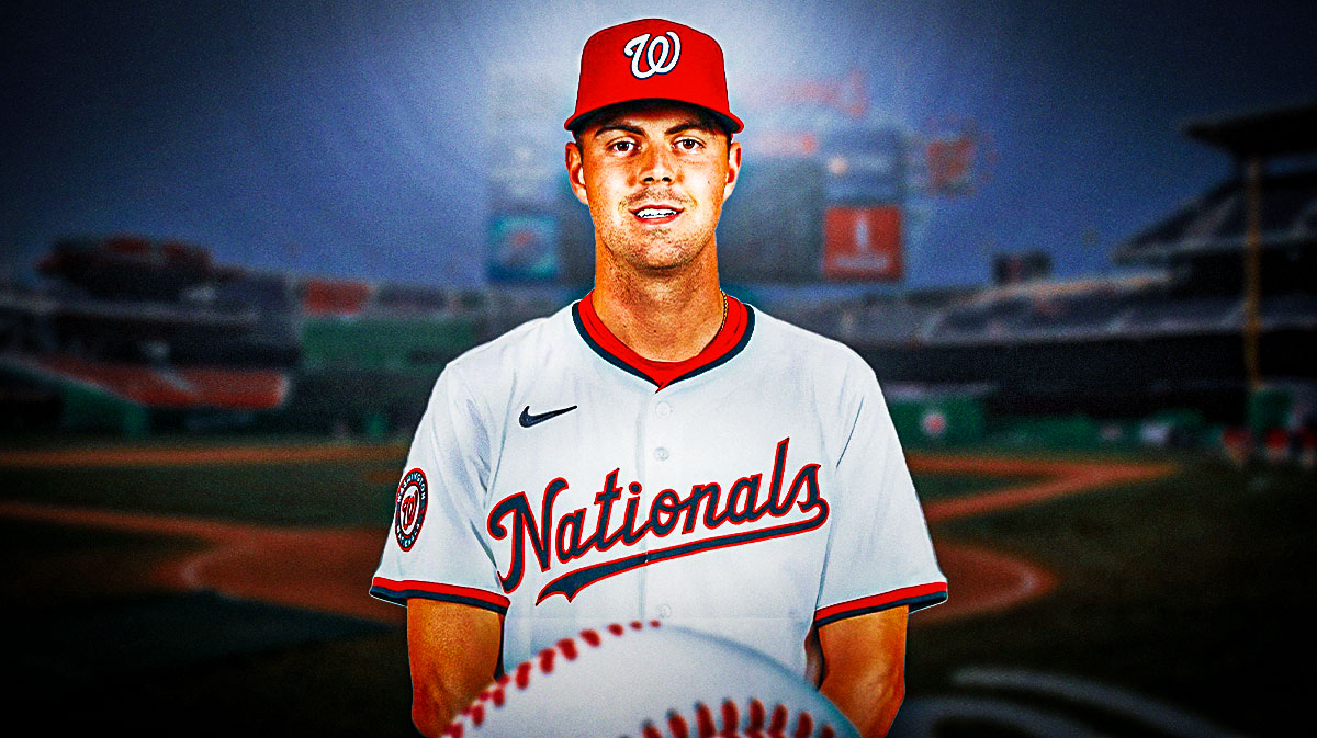 Nationals pitcher MacKenzie Gore, Nationals Park behind him