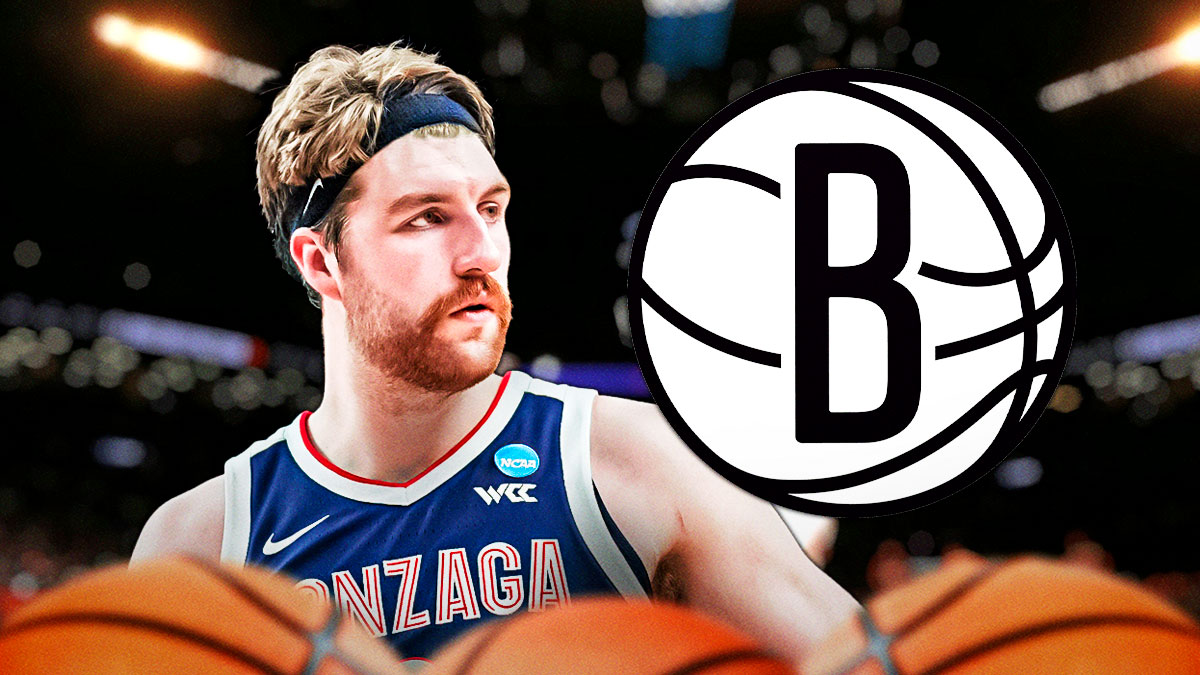 Drew Timme in a Gonzaga uniform with a Nets logo next to him