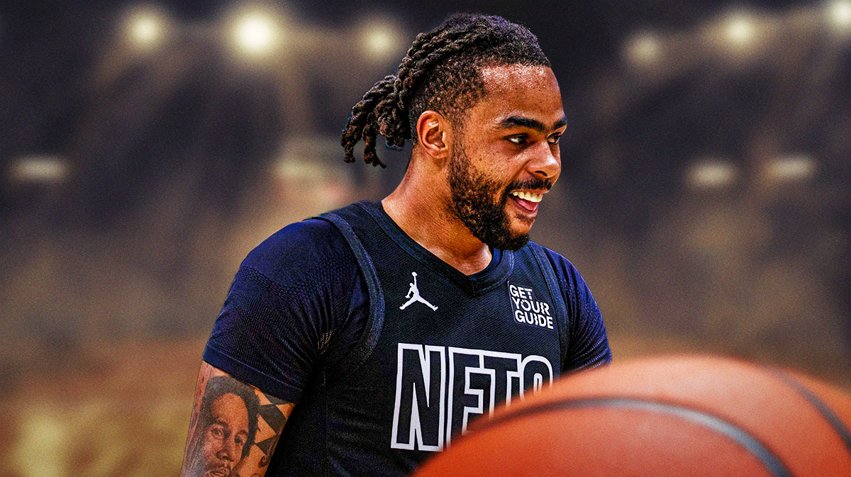 Brooklyn Nets star D'Angelo Russell in front of the Barclays Center.
