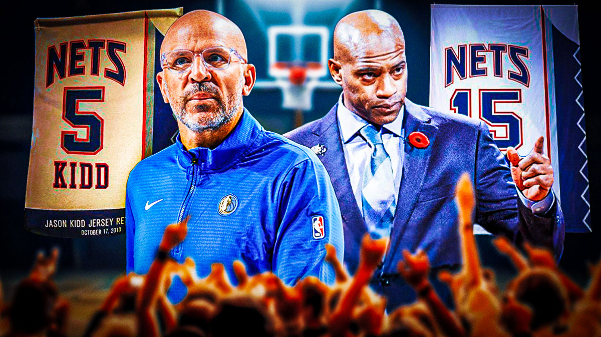 Jason Kidd and Vince Carter with their retired jersey banners in between them