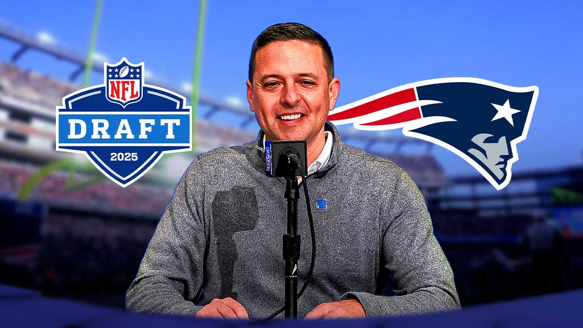 Patriots Eliot Wolf with 2025 NFL Draft logo and New England Patriots logo