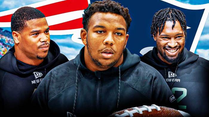 Abdul Carter, Deone Walker, Hollin Pierce beside each other, New England Patriots wallpaper in the background